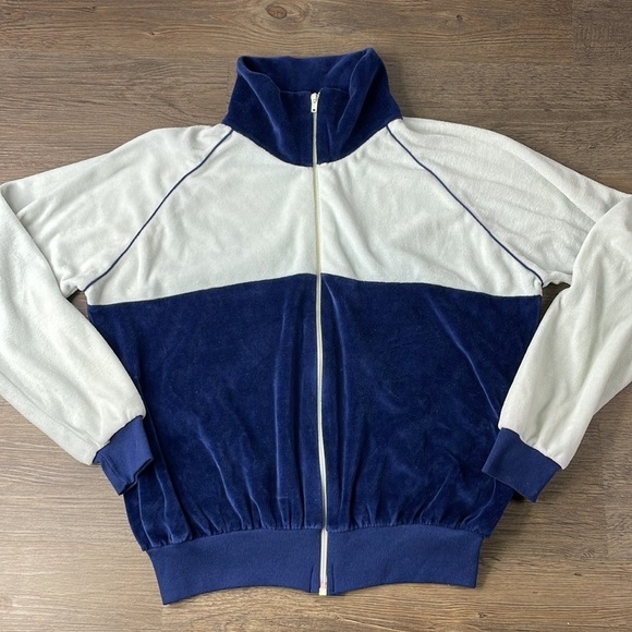 Vintage Cherry Hill Women’s Navy and White Zip Up Velour Sweatshirt, size Large - Picture 1 of 11
